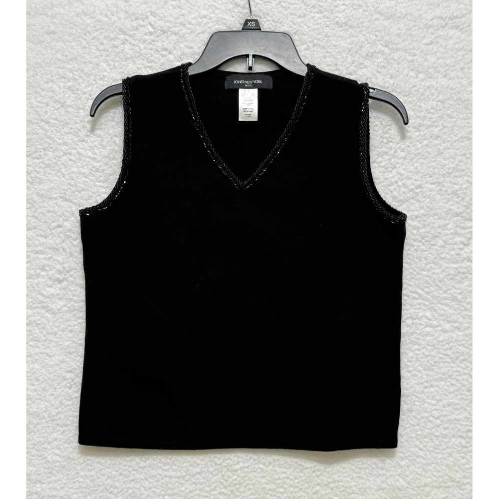 Jones New York‎ Petite Black Sleeveless Top Beaded V Neck Knit Tank PL